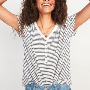 Old Navy Linen-Blend Striped Henley Tee – Women’s Small – Black & White V-Neck